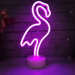 Неоновый ночник-светильник Фламинго LED для комнаты работает от батареек и USB